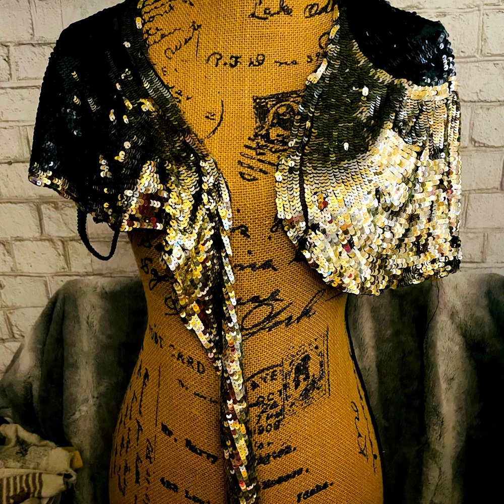 BCBG Black and Gold Sequin Bolero Shrug